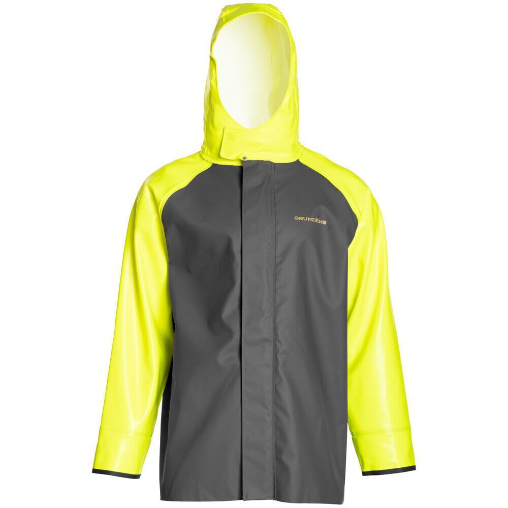 Grundens Hauler Commercial Fishing Jacket Hi-Vis Yellow Gray Rain Gear Coat - Picture 2 of 5